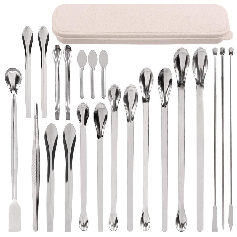 Tanstic 23Pcs Stainless Steel Lab Spatula Micro Scoop Set Including 22pcs 7cm 16cm 18cm 20cm 22cm Laboratory Tiny Mixing Spatula Scoop Measuring Spoon Long Sampling Spoon with 1Pair Gloves - Image 1
